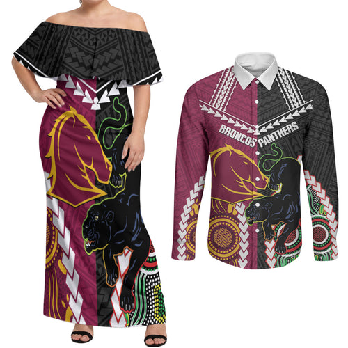 Custom Rugby Panthers and Broncos Couples Matching Off Shoulder Maxi Dress and Long Sleeve Button Shirt 2026 Together Aboriginal Polynesian Pattern