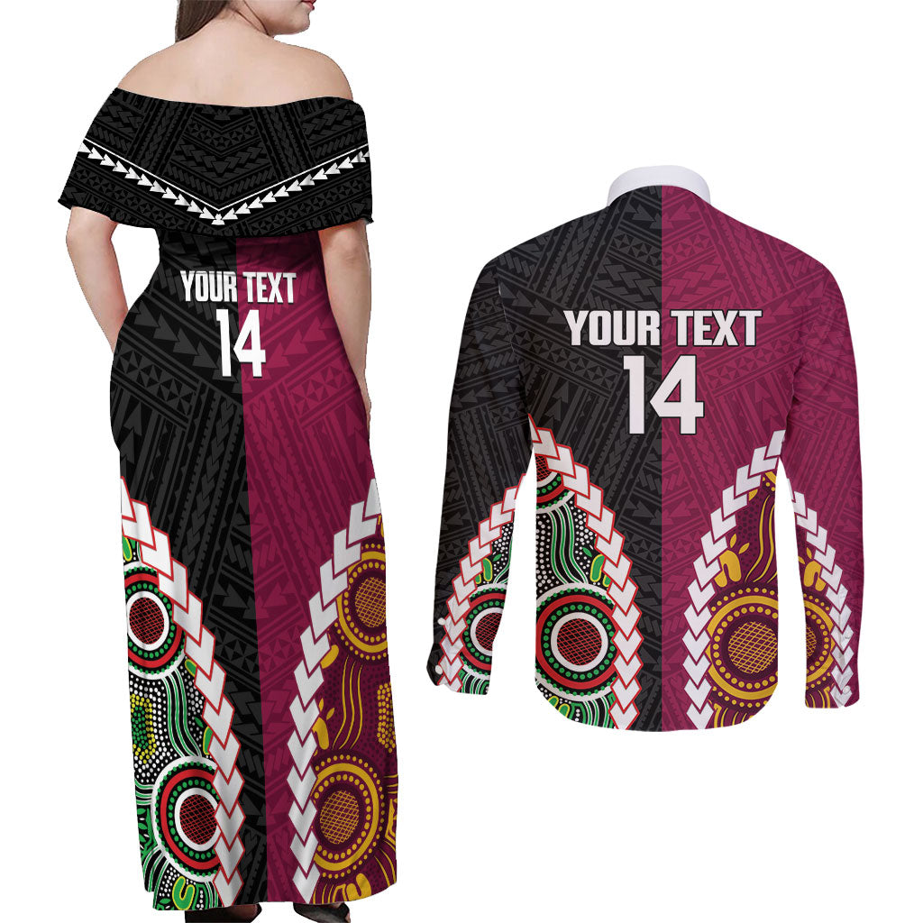 Custom Rugby Panthers and Broncos Couples Matching Off Shoulder Maxi Dress and Long Sleeve Button Shirt 2026 Together Aboriginal Polynesian Pattern