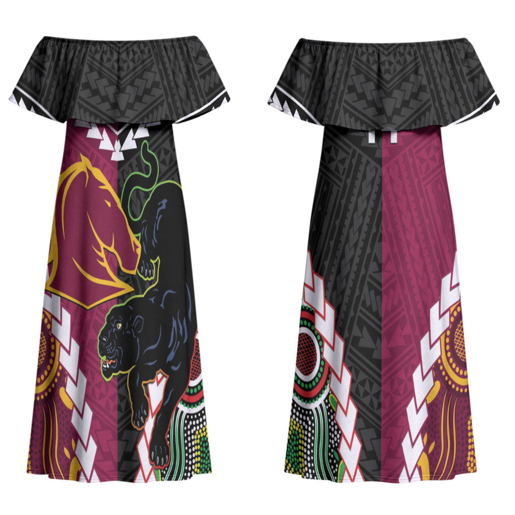 Custom Rugby Panthers and Broncos Couples Matching Off Shoulder Maxi Dress and Long Sleeve Button Shirt 2026 Together Aboriginal Polynesian Pattern LT14