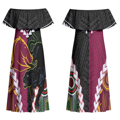 Custom Rugby Panthers and Broncos Couples Matching Off Shoulder Maxi Dress and Long Sleeve Button Shirt 2026 Together Aboriginal Polynesian Pattern LT14
