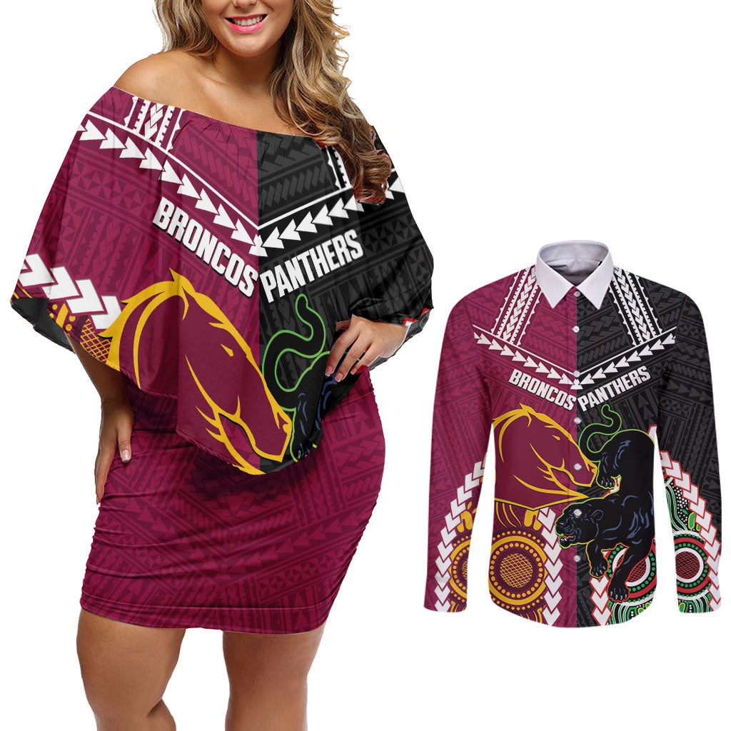 Custom Rugby Panthers and Broncos Couples Matching Off Shoulder Short Dress and Long Sleeve Button Shirt 2026 Together Aboriginal Polynesian Pattern