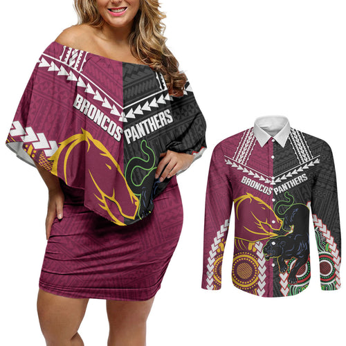 Custom Rugby Panthers and Broncos Couples Matching Off Shoulder Short Dress and Long Sleeve Button Shirt 2026 Together Aboriginal Polynesian Pattern