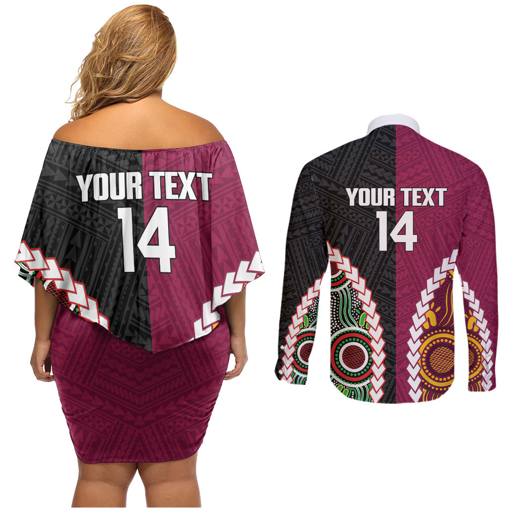 Custom Rugby Panthers and Broncos Couples Matching Off Shoulder Short Dress and Long Sleeve Button Shirt 2026 Together Aboriginal Polynesian Pattern