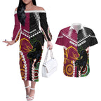 Custom Rugby Panthers and Broncos Couples Matching Off The Shoulder Long Sleeve Dress and Hawaiian Shirt 2026 Together Aboriginal Polynesian Pattern
