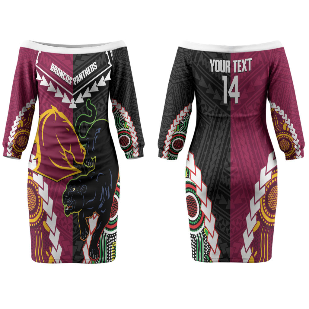 Custom Rugby Panthers and Broncos Couples Matching Off The Shoulder Long Sleeve Dress and Hawaiian Shirt 2026 Together Aboriginal Polynesian Pattern LT14