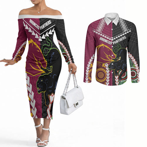 Custom Rugby Panthers and Broncos Couples Matching Off The Shoulder Long Sleeve Dress and Long Sleeve Button Shirt 2026 Together Aboriginal Polynesian Pattern