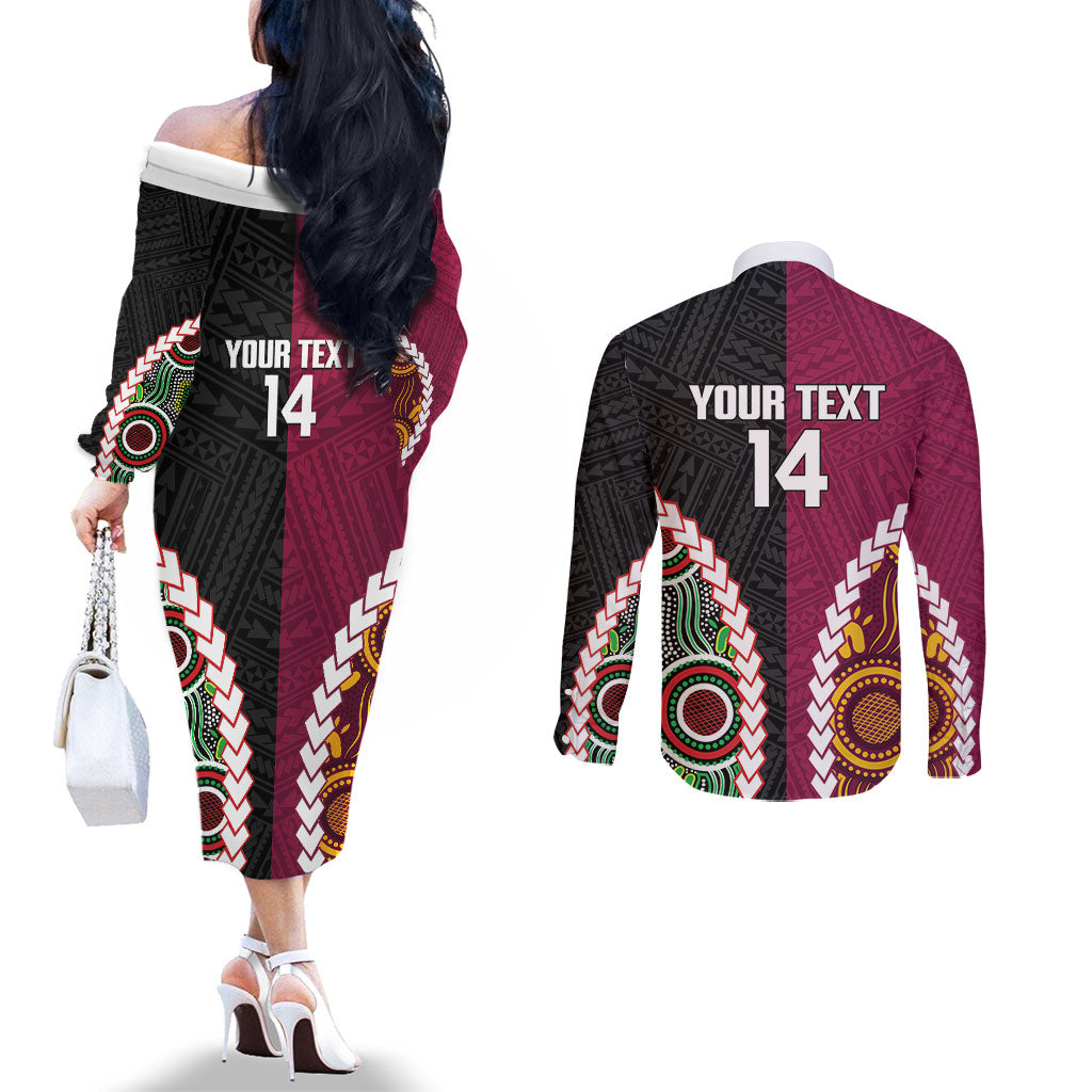 Custom Rugby Panthers and Broncos Couples Matching Off The Shoulder Long Sleeve Dress and Long Sleeve Button Shirt 2026 Together Aboriginal Polynesian Pattern