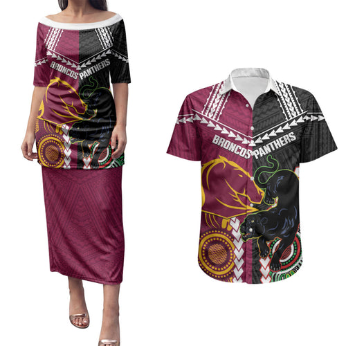 Custom Rugby Panthers and Broncos Couples Matching Puletasi and Hawaiian Shirt 2026 Together Aboriginal Polynesian Pattern