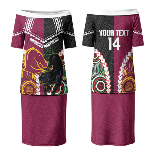Custom Rugby Panthers and Broncos Couples Matching Puletasi and Hawaiian Shirt 2026 Together Aboriginal Polynesian Pattern LT14