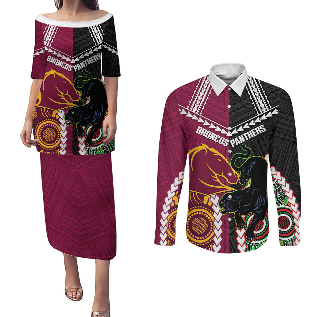Custom Rugby Panthers and Broncos Couples Matching Puletasi and Long Sleeve Button Shirt 2026 Together Aboriginal Polynesian Pattern