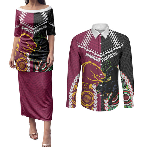 Custom Rugby Panthers and Broncos Couples Matching Puletasi and Long Sleeve Button Shirt 2026 Together Aboriginal Polynesian Pattern