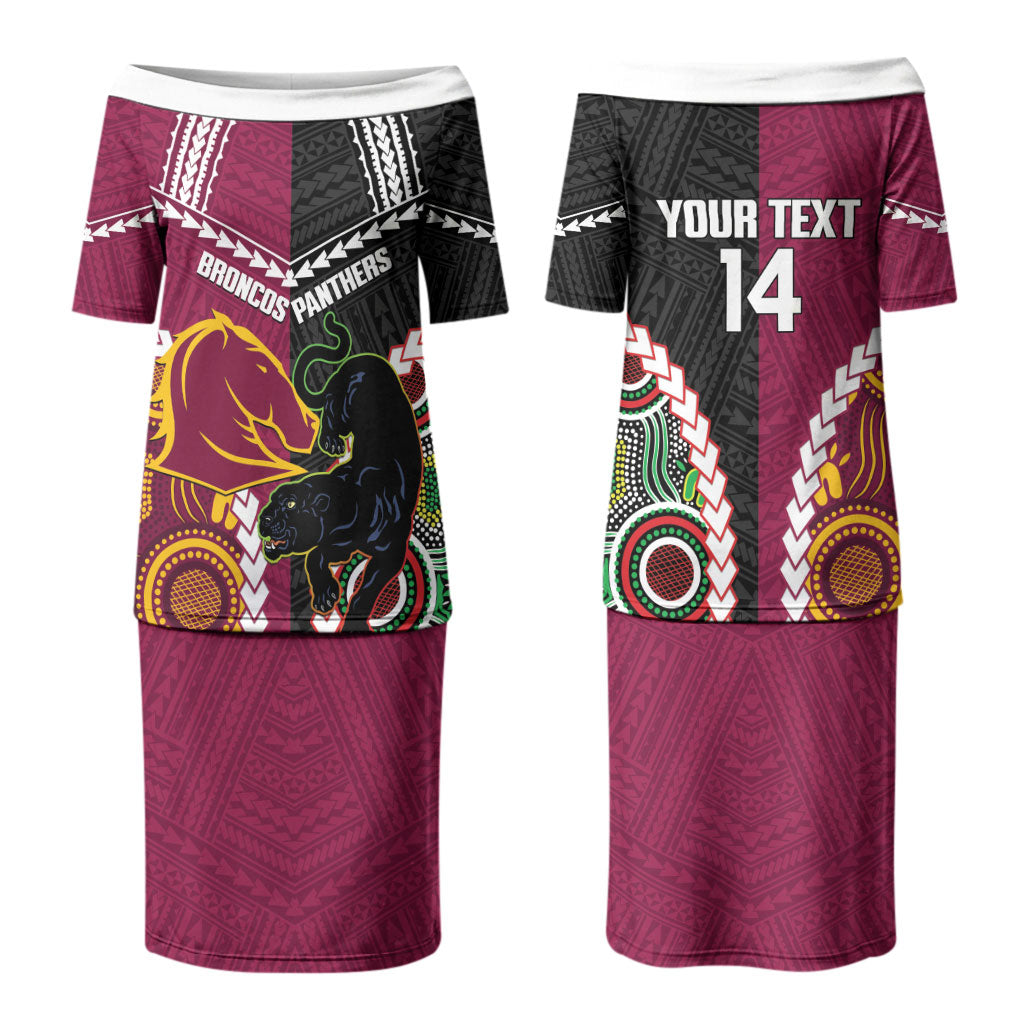 Custom Rugby Panthers and Broncos Couples Matching Puletasi and Long Sleeve Button Shirt 2026 Together Aboriginal Polynesian Pattern LT14