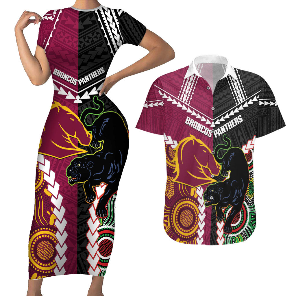 Custom Rugby Panthers and Broncos Couples Matching Short Sleeve Bodycon Dress and Hawaiian Shirt 2026 Together Aboriginal Polynesian Pattern