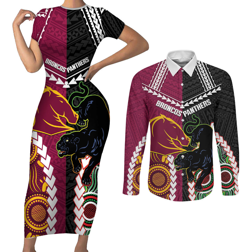Custom Rugby Panthers and Broncos Couples Matching Short Sleeve Bodycon Dress and Long Sleeve Button Shirt 2026 Together Aboriginal Polynesian Pattern