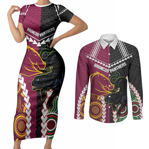 Custom Rugby Panthers and Broncos Couples Matching Short Sleeve Bodycon Dress and Long Sleeve Button Shirt 2026 Together Aboriginal Polynesian Pattern