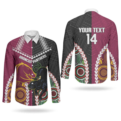 Custom Rugby Panthers and Broncos Couples Matching Short Sleeve Bodycon Dress and Long Sleeve Button Shirt 2026 Together Aboriginal Polynesian Pattern