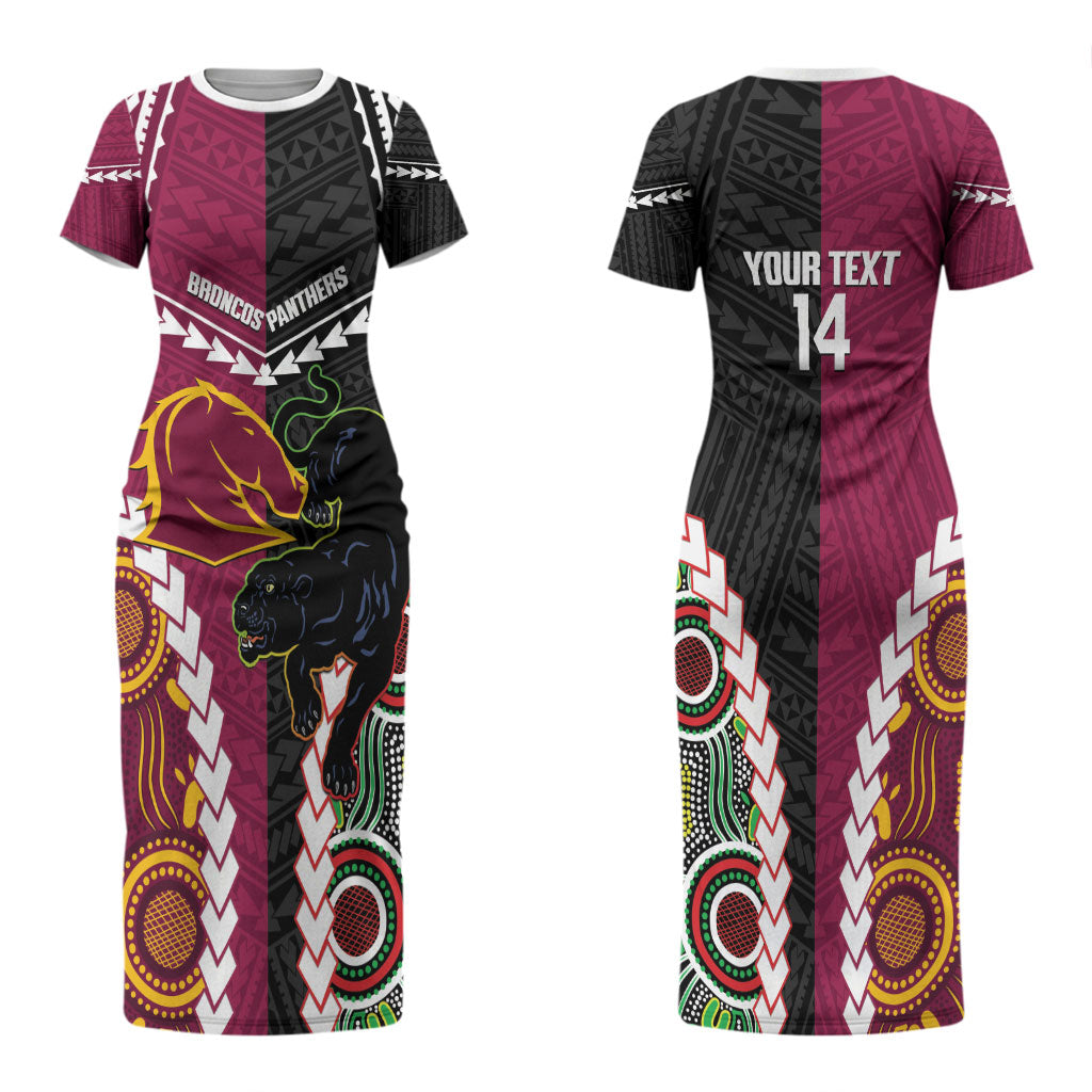 Custom Rugby Panthers and Broncos Couples Matching Short Sleeve Bodycon Dress and Long Sleeve Button Shirt 2026 Together Aboriginal Polynesian Pattern LT14