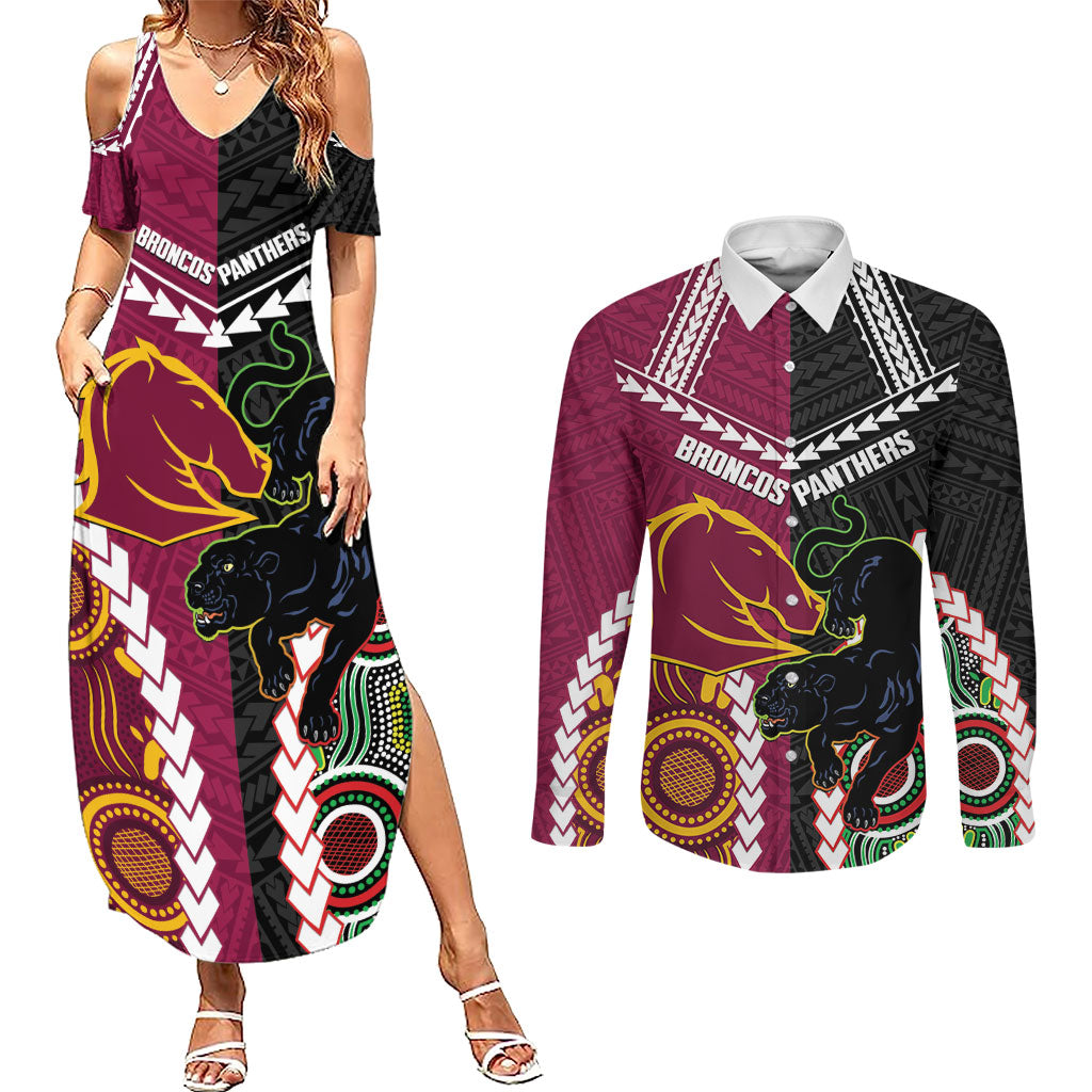 Custom Rugby Panthers and Broncos Couples Matching Summer Maxi Dress and Long Sleeve Button Shirt 2026 Together Aboriginal Polynesian Pattern