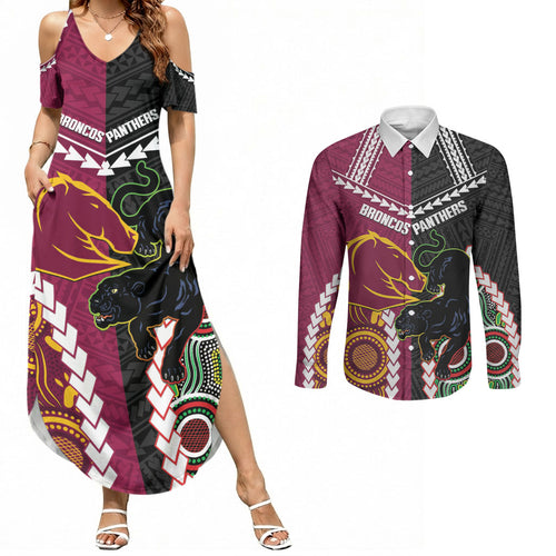 Custom Rugby Panthers and Broncos Couples Matching Summer Maxi Dress and Long Sleeve Button Shirt 2026 Together Aboriginal Polynesian Pattern