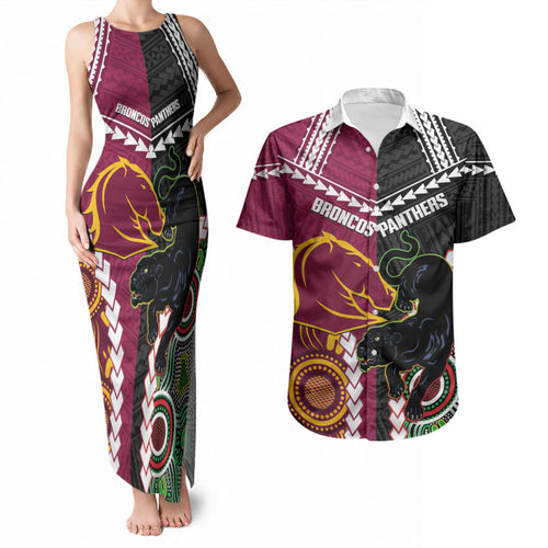 Custom Rugby Panthers and Broncos Couples Matching Tank Maxi Dress and Hawaiian Shirt 2026 Together Aboriginal Polynesian Pattern