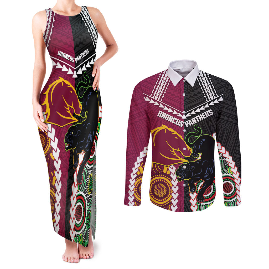 Custom Rugby Panthers and Broncos Couples Matching Tank Maxi Dress and Long Sleeve Button Shirt 2026 Together Aboriginal Polynesian Pattern