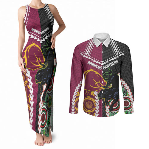Custom Rugby Panthers and Broncos Couples Matching Tank Maxi Dress and Long Sleeve Button Shirt 2026 Together Aboriginal Polynesian Pattern