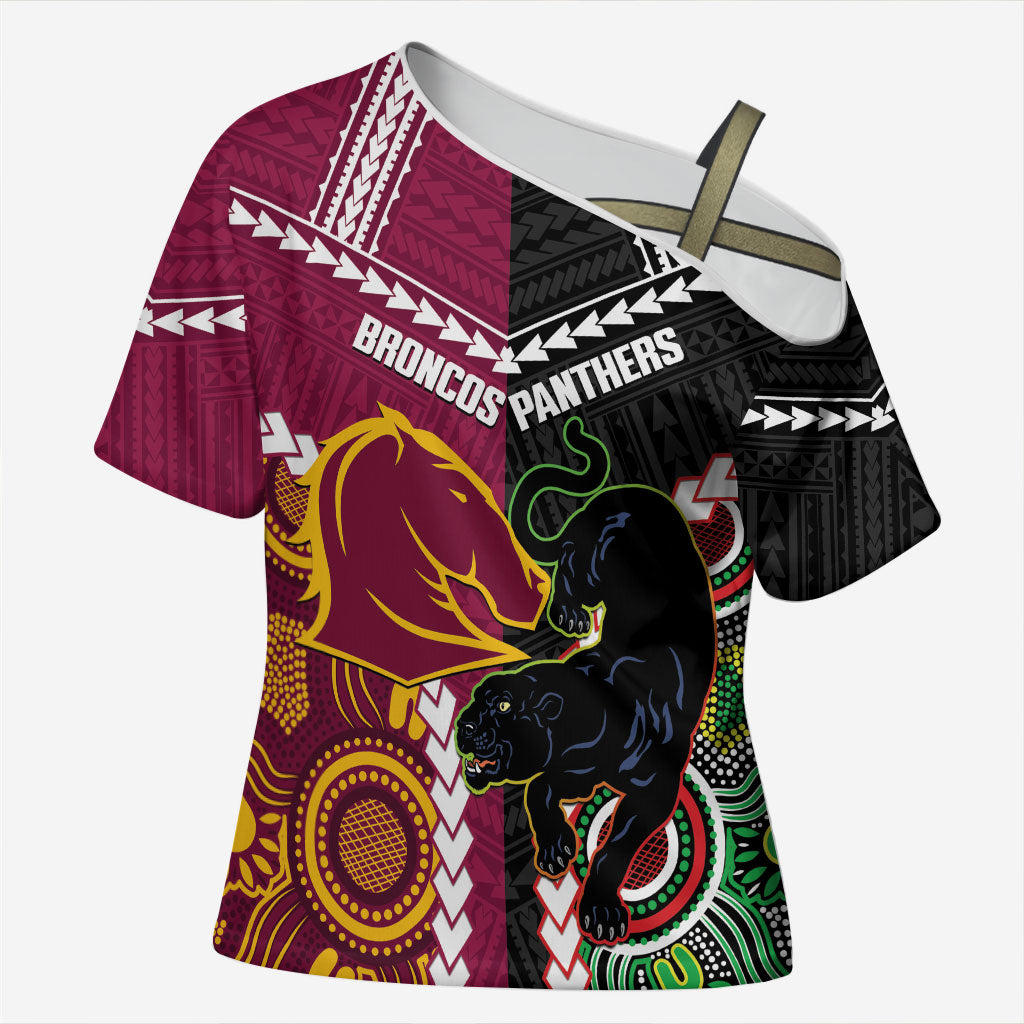 Custom Rugby Panthers and Broncos Cross Shoulder Shirt 2026 Together Aboriginal Polynesian Pattern