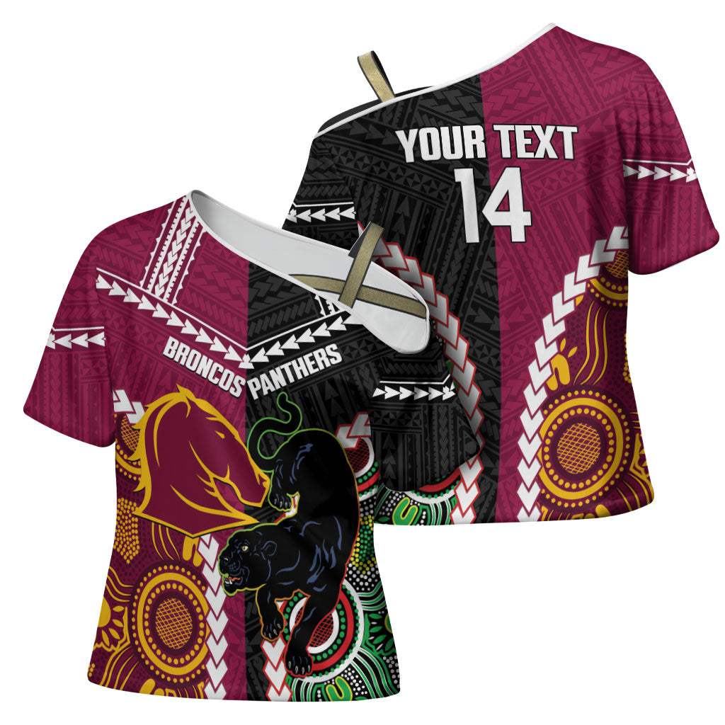 Custom Rugby Panthers and Broncos Cross Shoulder Shirt 2026 Together Aboriginal Polynesian Pattern