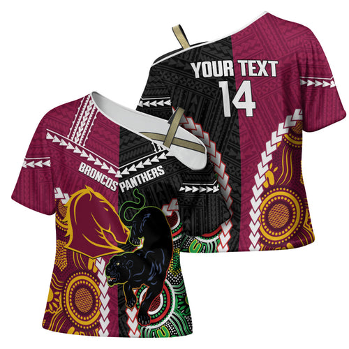 Custom Rugby Panthers and Broncos Cross Shoulder Shirt 2026 Together Aboriginal Polynesian Pattern