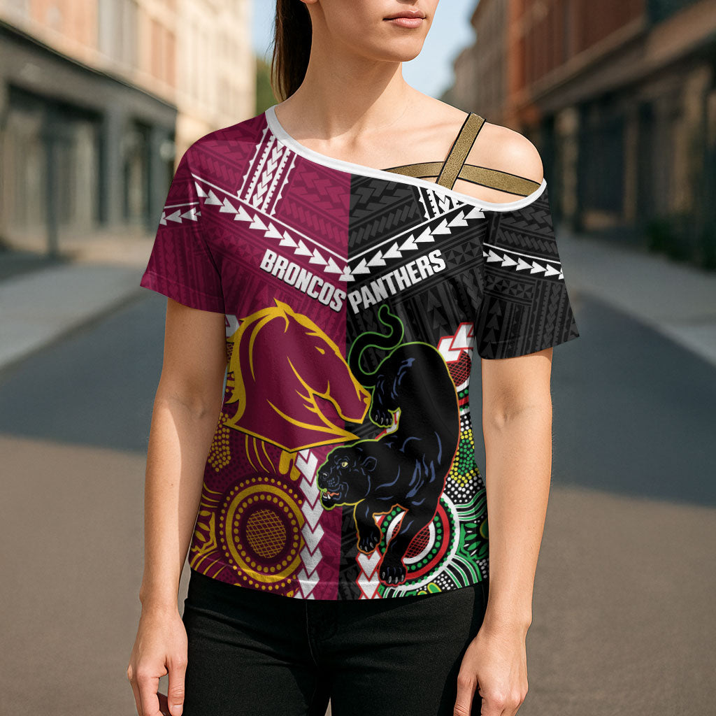 Custom Rugby Panthers and Broncos Cross Shoulder Shirt 2026 Together Aboriginal Polynesian Pattern
