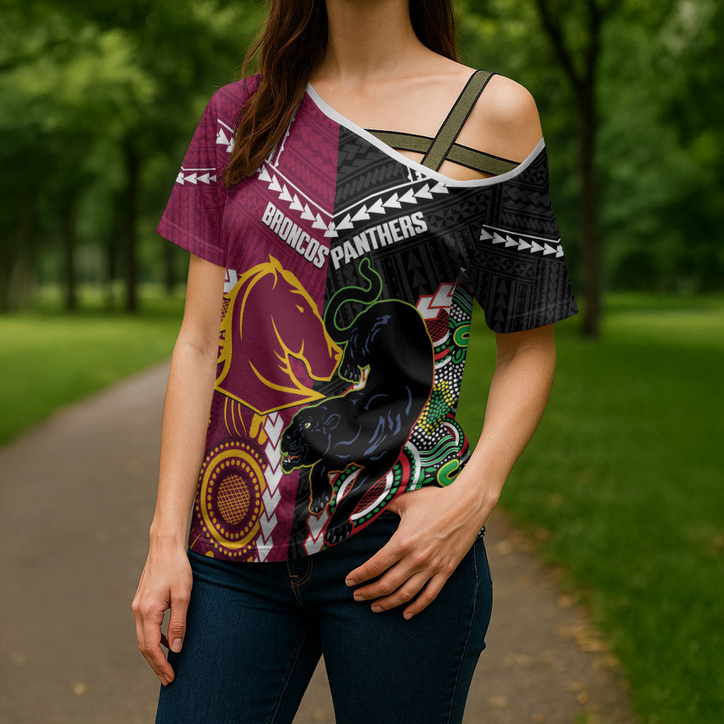 Custom Rugby Panthers and Broncos Cross Shoulder Shirt 2026 Together Aboriginal Polynesian Pattern