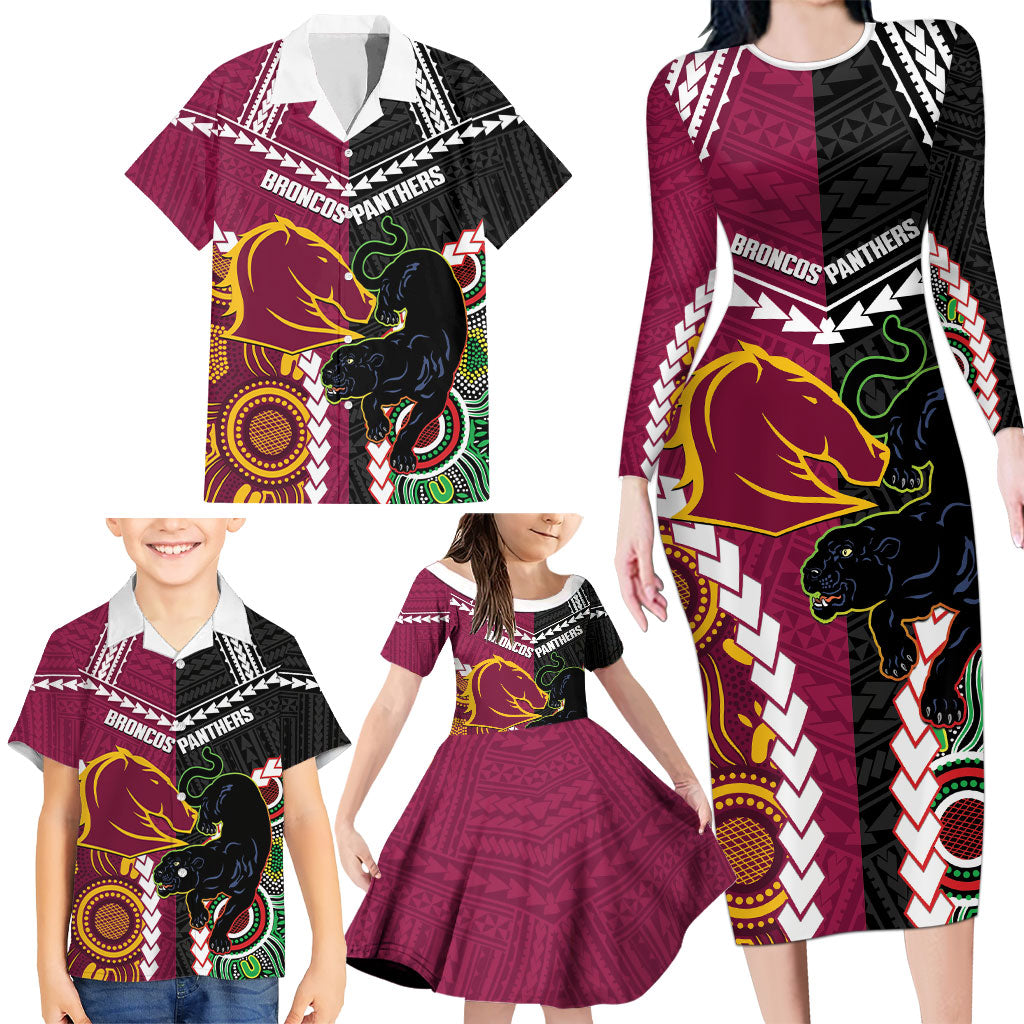 Custom Rugby Panthers and Broncos Family Matching Long Sleeve Bodycon Dress and Hawaiian Shirt 2026 Together Aboriginal Polynesian Pattern