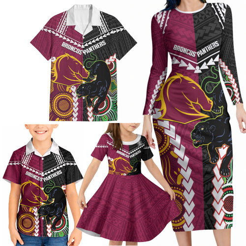 Custom Rugby Panthers and Broncos Family Matching Long Sleeve Bodycon Dress and Hawaiian Shirt 2026 Together Aboriginal Polynesian Pattern