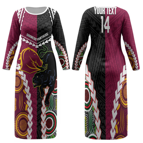 Custom Rugby Panthers and Broncos Family Matching Long Sleeve Bodycon Dress and Hawaiian Shirt 2026 Together Aboriginal Polynesian Pattern
