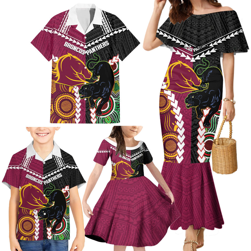 Custom Rugby Panthers and Broncos Family Matching Mermaid Dress and Hawaiian Shirt 2026 Together Aboriginal Polynesian Pattern