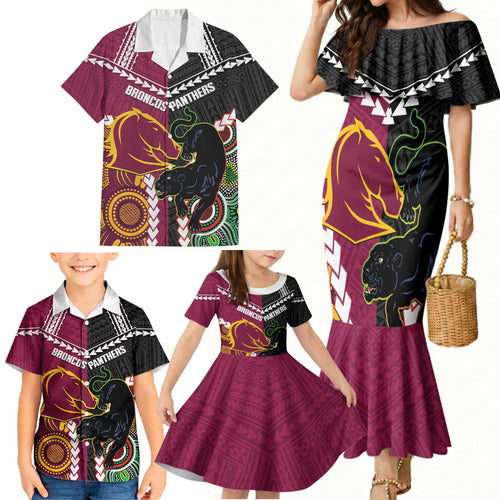 Custom Rugby Panthers and Broncos Family Matching Mermaid Dress and Hawaiian Shirt 2026 Together Aboriginal Polynesian Pattern
