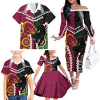 Custom Rugby Panthers and Broncos Family Matching Off The Shoulder Long Sleeve Dress and Hawaiian Shirt 2026 Together Aboriginal Polynesian Pattern