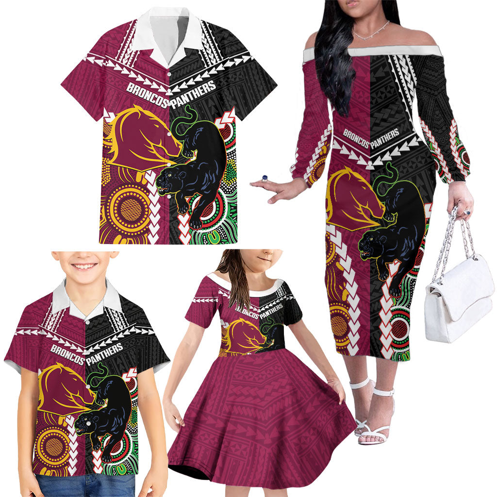 Custom Rugby Panthers and Broncos Family Matching Off The Shoulder Long Sleeve Dress and Hawaiian Shirt 2026 Together Aboriginal Polynesian Pattern