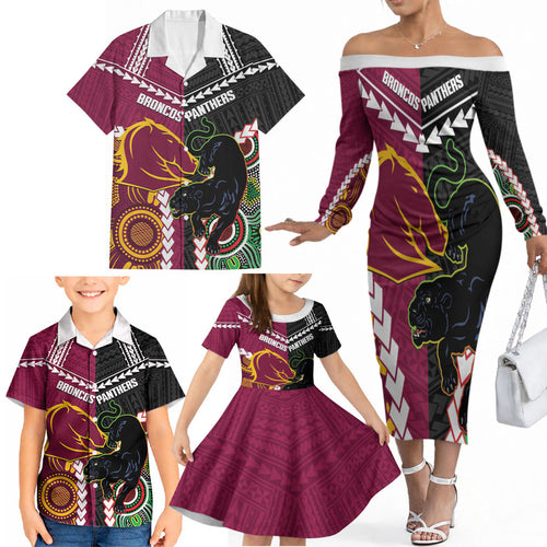 Custom Rugby Panthers and Broncos Family Matching Off The Shoulder Long Sleeve Dress and Hawaiian Shirt 2026 Together Aboriginal Polynesian Pattern