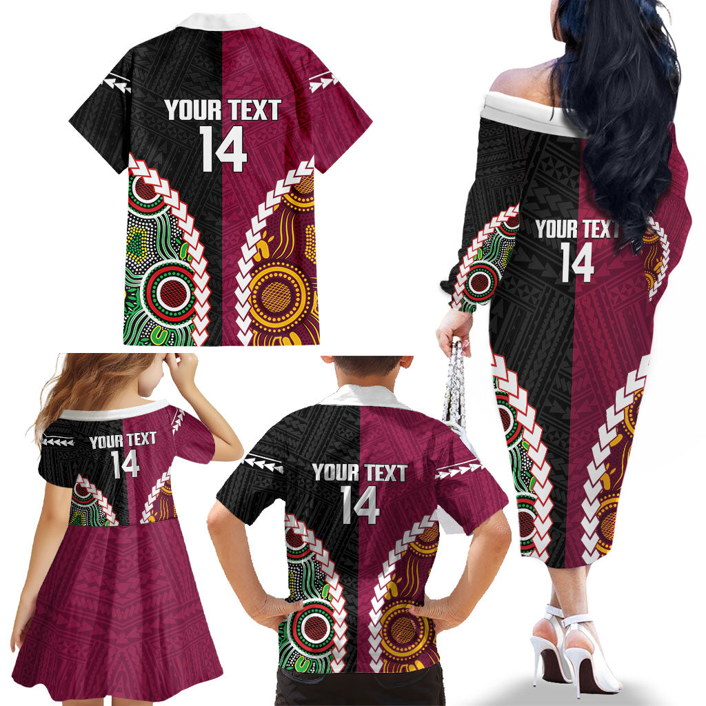 Custom Rugby Panthers and Broncos Family Matching Off The Shoulder Long Sleeve Dress and Hawaiian Shirt 2026 Together Aboriginal Polynesian Pattern