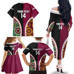 Custom Rugby Panthers and Broncos Family Matching Off The Shoulder Long Sleeve Dress and Hawaiian Shirt 2026 Together Aboriginal Polynesian Pattern
