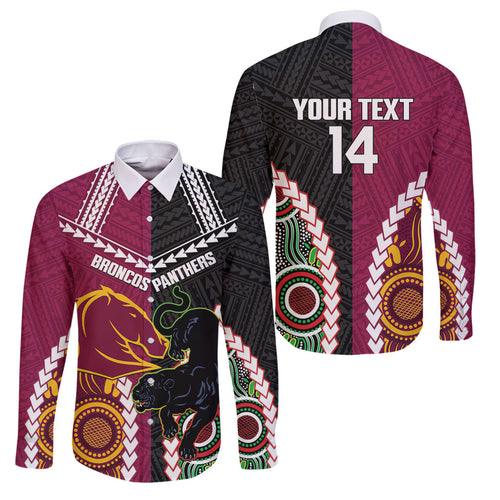 Custom Rugby Panthers and Broncos Family Matching Off The Shoulder Long Sleeve Dress and Hawaiian Shirt 2026 Together Aboriginal Polynesian Pattern