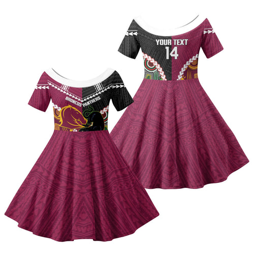 Custom Rugby Panthers and Broncos Family Matching Off The Shoulder Long Sleeve Dress and Hawaiian Shirt 2026 Together Aboriginal Polynesian Pattern