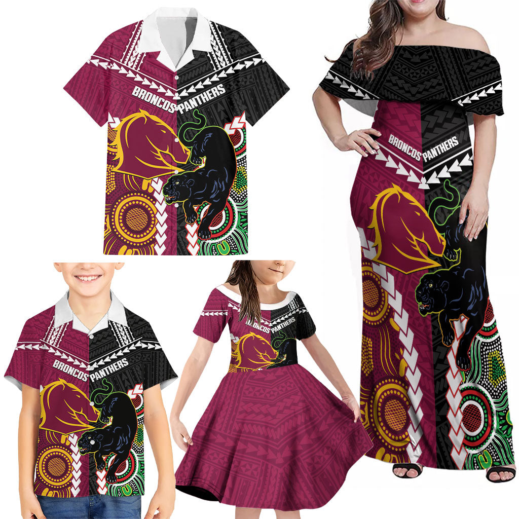 Custom Rugby Panthers and Broncos Family Matching Off Shoulder Maxi Dress and Hawaiian Shirt 2026 Together Aboriginal Polynesian Pattern