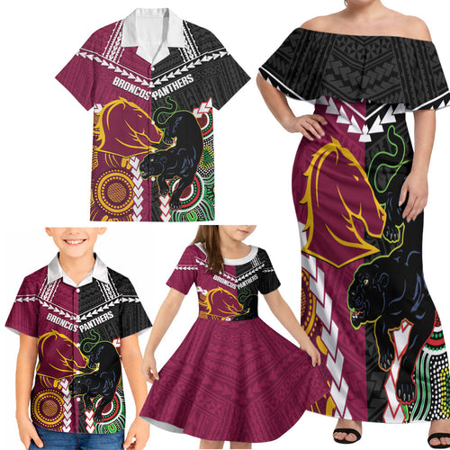 Custom Rugby Panthers and Broncos Family Matching Off Shoulder Maxi Dress and Hawaiian Shirt 2026 Together Aboriginal Polynesian Pattern