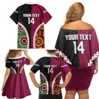 Custom Rugby Panthers and Broncos Family Matching Off Shoulder Short Dress and Hawaiian Shirt 2026 Together Aboriginal Polynesian Pattern