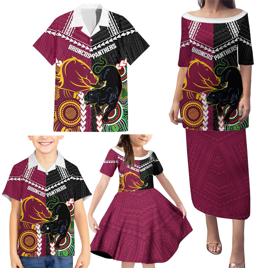 Custom Rugby Panthers and Broncos Family Matching Puletasi and Hawaiian Shirt 2026 Together Aboriginal Polynesian Pattern