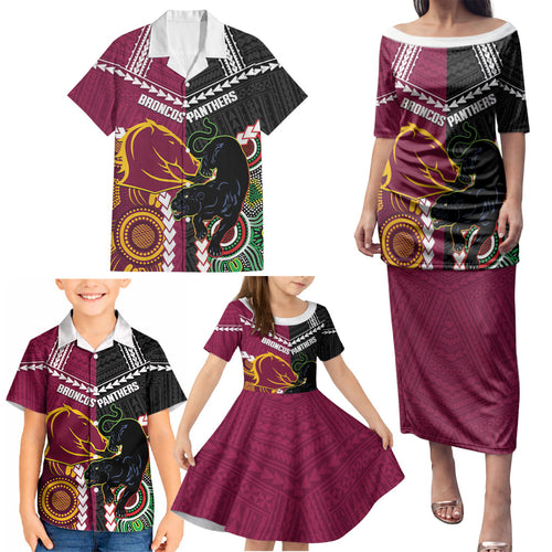 Custom Rugby Panthers and Broncos Family Matching Puletasi and Hawaiian Shirt 2026 Together Aboriginal Polynesian Pattern