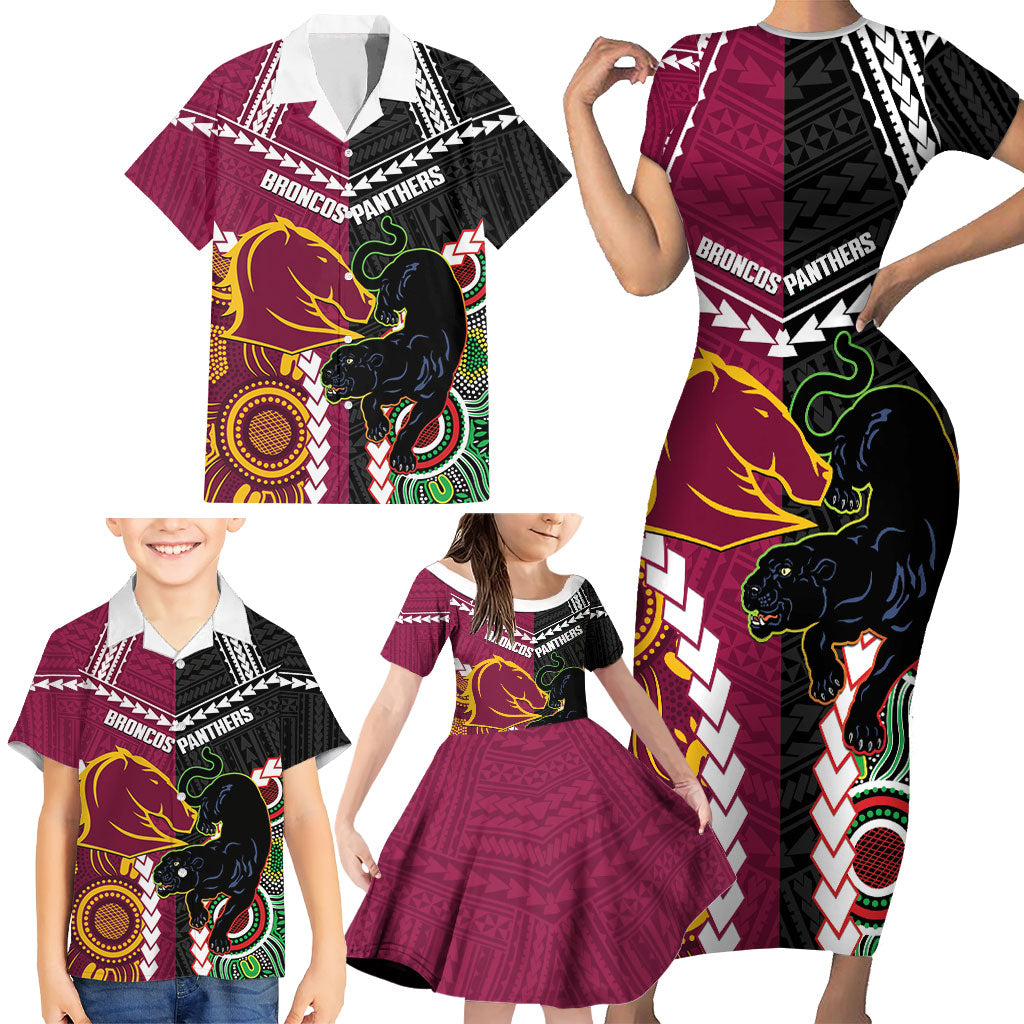 Custom Rugby Panthers and Broncos Family Matching Short Sleeve Bodycon Dress and Hawaiian Shirt 2026 Together Aboriginal Polynesian Pattern