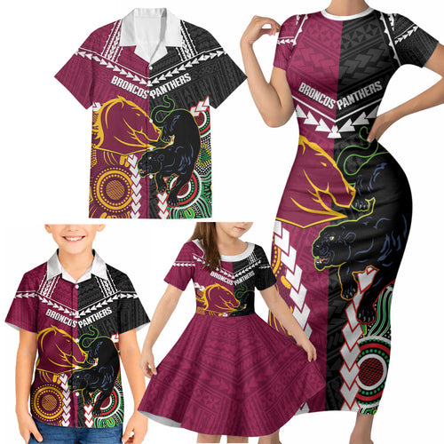 Custom Rugby Panthers and Broncos Family Matching Short Sleeve Bodycon Dress and Hawaiian Shirt 2026 Together Aboriginal Polynesian Pattern